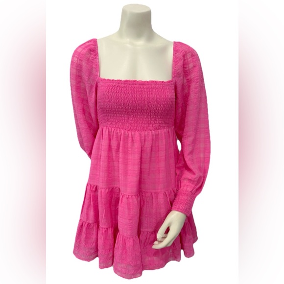 Urban Outfitters Pink Smocked Off Shoulder Mini Dress | Size M - Picture 2 of 9